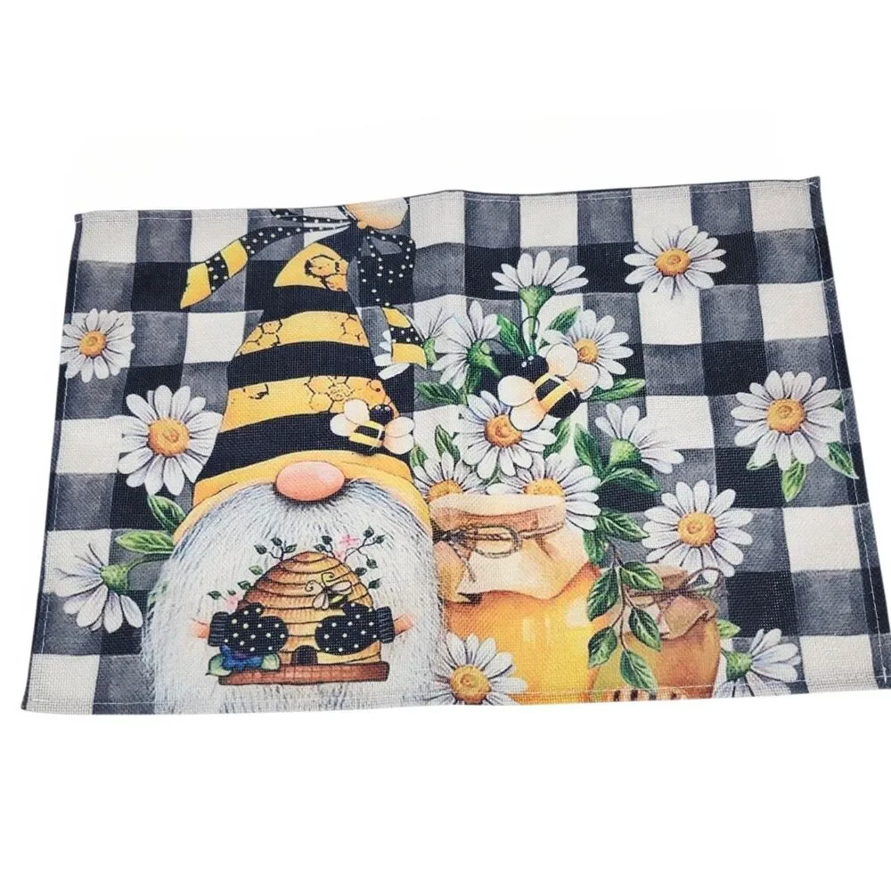 Honey Bee Gonk/Gnome Placemats Set of 4 Black White Buffalo Plaid Yellow Daisies